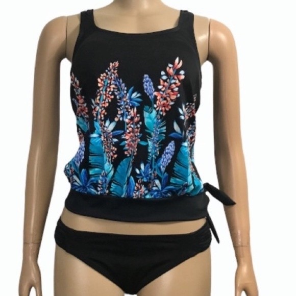 Maxine Of Hollywood Tankini top waist tie Floral print blouson size 8 - Picture 2 of 12
